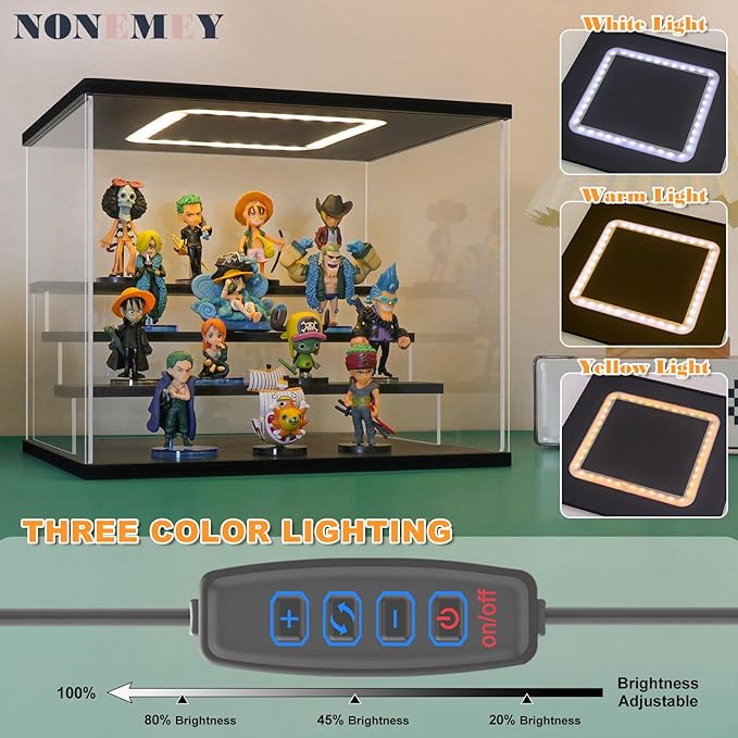 NONEMEY Clear Acrylic Display Case Stand with LED Light 2/3/4/5/6 Tier Storage Box Showcase Dustproof Organizer Box for Collectibles (4Tier 12.4*9.6*10.4inch)