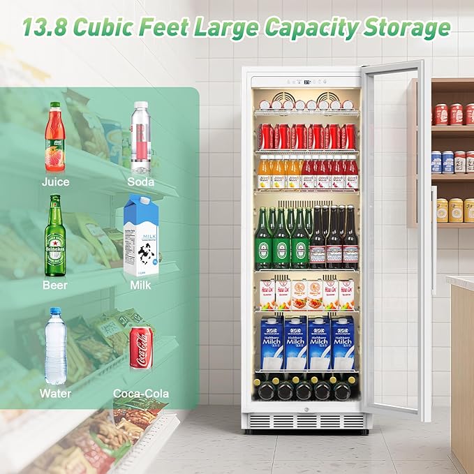 Commercial Merchandiser Refrigerator, 13.8 Cu Ft Display Beverage Fridge with Glass Door Upright Cooler with LED Light Low Noise, Fast Cooling for Shop, Restaurant, Office (White)