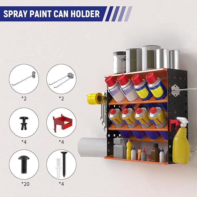 Wall Mount Spray Can Holder, Aerosol Spray Bottle Holder Storage Rack, Heavy-Duty Paint Bottle Organizer with 8 Can Holes & 4 Steel Hooks, 4 Plastic Hooks for Garage, Shop, Home or Tool Trailer