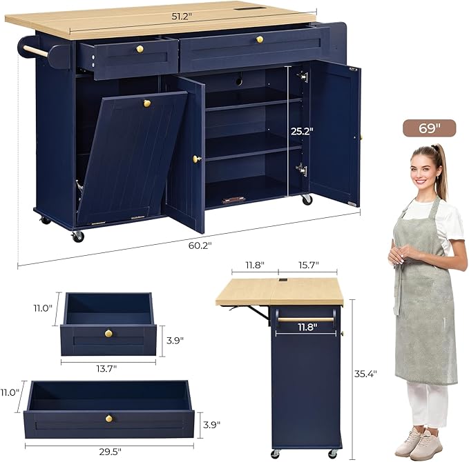 60.2" Kitchen Islands with Storage, Rolling Island Table with Trash Can Storage Cabinet, Mobile Island Cart with Drop Leaf & Power Outlet & Spice Rack & Towel Rack & Knife Holder, Blue