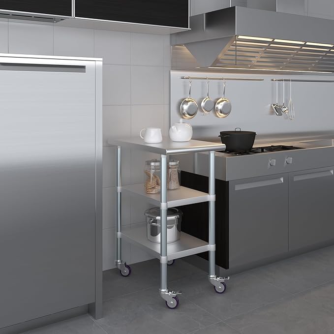 AmGood Stainless Steel Work Table with 2 Shelves and Casters | Metal Utility Table On Wheels (Stainless Steel Work Table with 2 Shelves + Casters, 18" Long x 30" Deep)