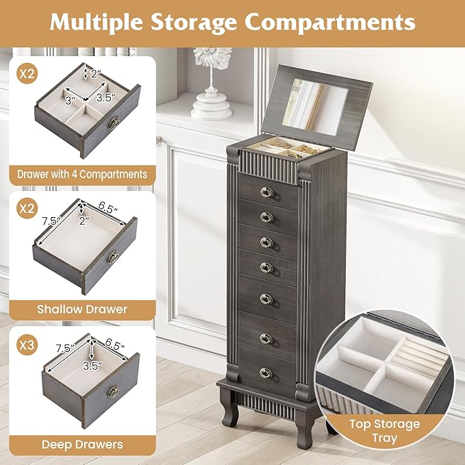 Giantex Standing Jewelry Cabinet with 7 Drawers, Flip-Top Mirror, 2 Side Doors with 12 Necklace Hooks, Divided Ring Compartments, Velvet-Lined Jewelry Armoire Organizer Chest (Weathered Gray)
