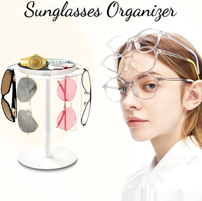 LSK Metal Sunglasses Organizer, Glasses Holder Stand with Storgae Tray, Eyeglasses Holder with Anti-Slip Pads for Tabletop, Desk, Dresser, White