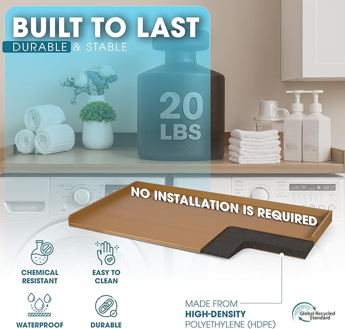 No-Installation HDPE Washer Dryer Countertop – Non-Slip, Anti-Scratch Laundry Topper | Water-Resistant Laundry Room Organizer | Durable, Easy-to-Clean, Modern Design for Washer and Dryer (teak)