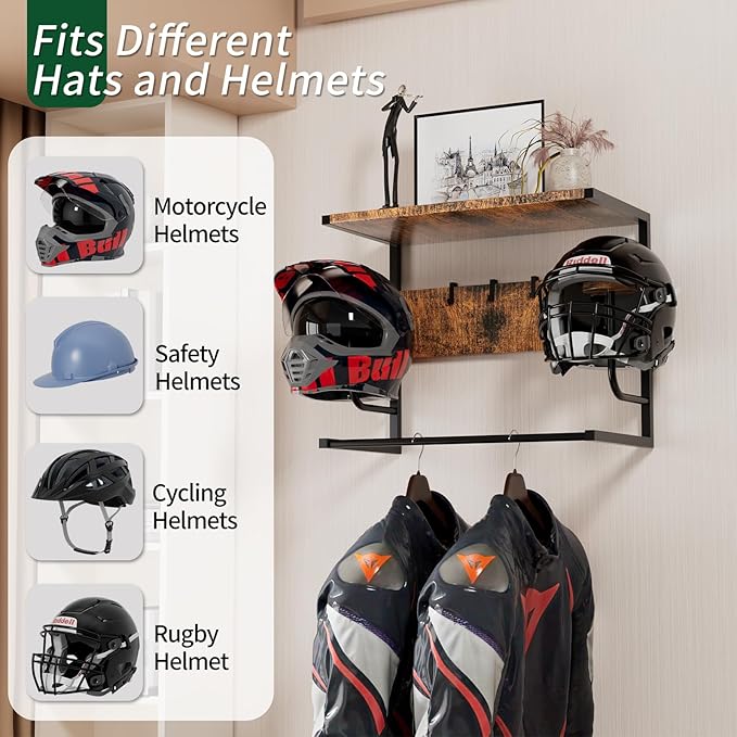 Motorcycle Helmet Holder Wall Mounted, Helmet Rack Wall Mount with Helmet Rack, 4 Glove Chips and 4 hooks, Rustic Helmets Holder and Motorcycle Helmets Racks for Most of Helmet and Clothes