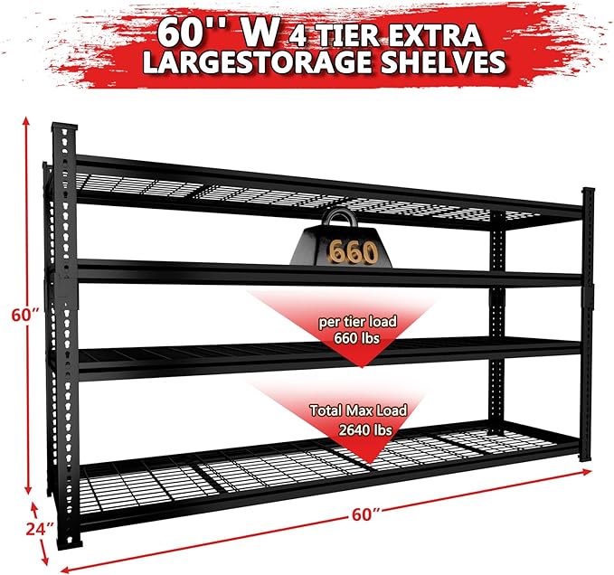 Storage Shelves 3PCS Garage Shelving Heavy Duty 2640LBS Capacity, 60"L x 24"W x 60"H Adjustable Metal Shelving Organizer Wire Rack, 4 Tier Utility Shelf Unit for Pantry Closet Warehouse Organization