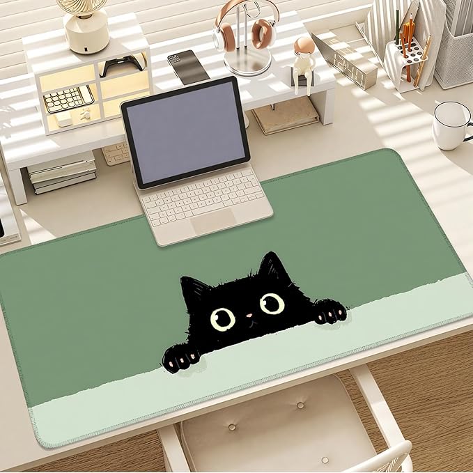 Cute Black Cat Large Mouse Pad – Extended Desk Mat 35.43 x 15.75 in – Kawaii Kitty Peeking Over Edge, Green Background, Non-Slip Rubber Base, Waterproof Keyboard & Mouse Pad for Office or Gaming