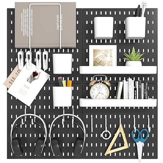 Peg Board Combination Kit, 4 Pegboards with 20 Accessories, Pegboard Wall Organizer for Office, Nursery & Home Storage, Key Holder, 25.6"x25.6" – Nail-Free Installation（Black）