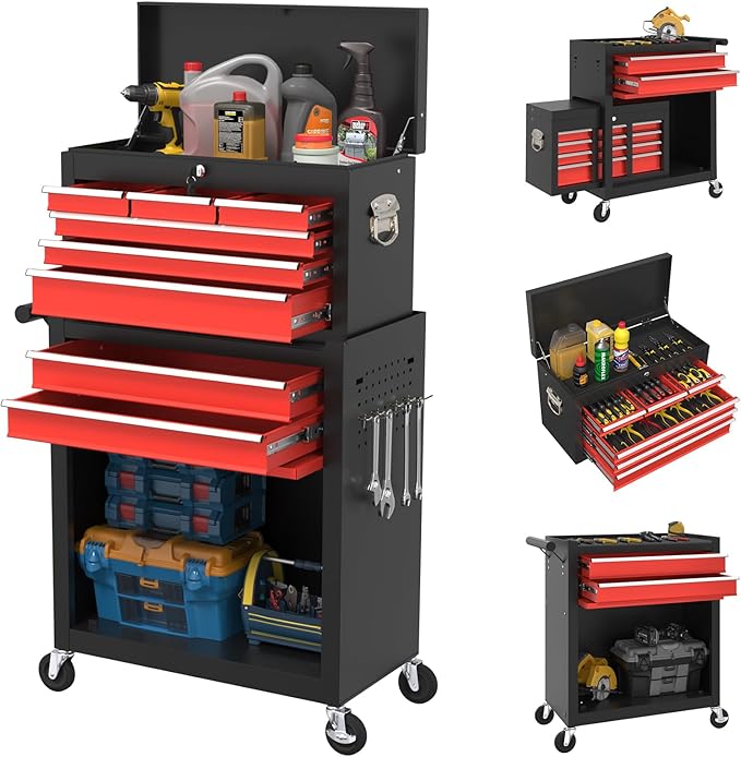 8-Drawer Heavy Duty Tool Chest with Wheels - Industrial Rolling Tool Box, Lockable Drawers & Smooth Glide System for Mechanics, Garage, Auto Repair Shop(BlackRed)