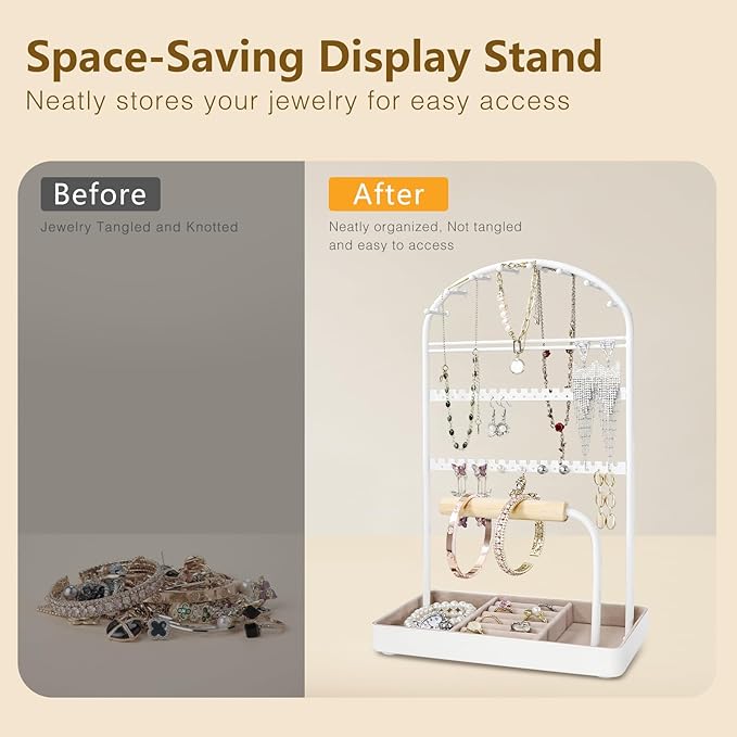 Multi-Functional Jewelry Holder Organizer Necklace Display Stand Velvet Lined Bar for Rings 2 Tier with 18 Hooks, 32 Earring Holes - Sturdy and Durable, Easy Organization White