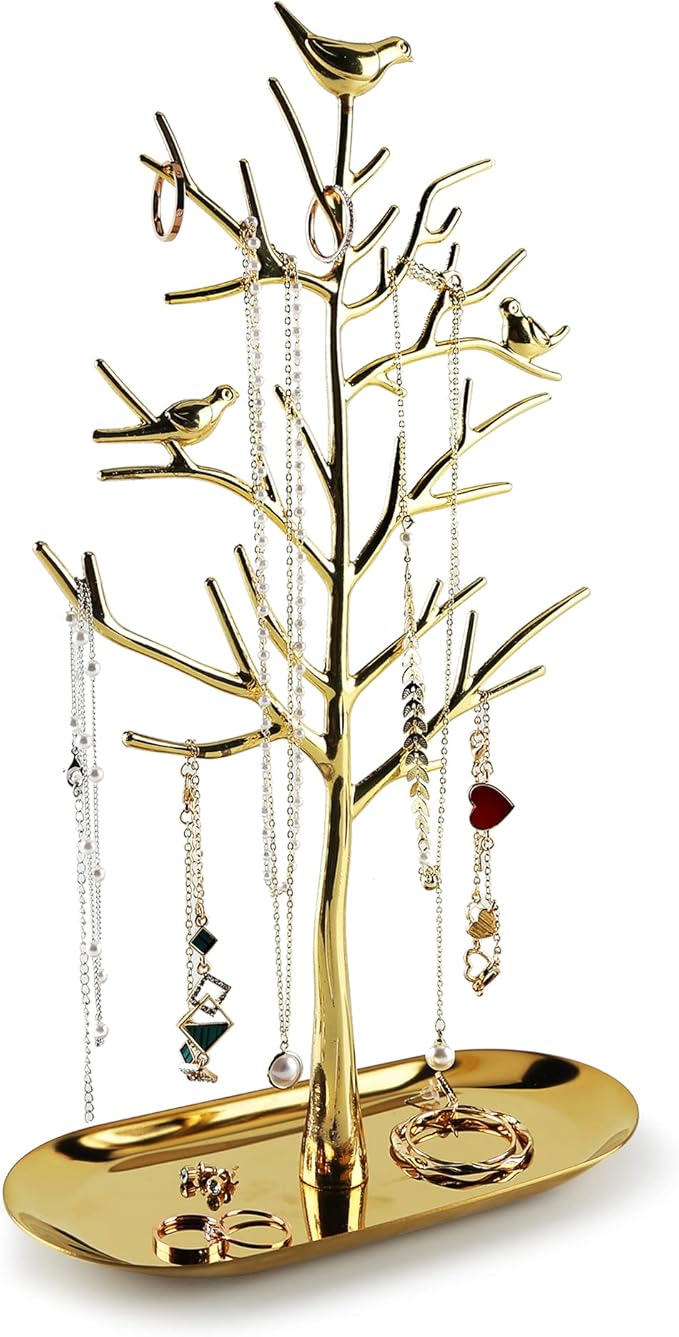 MORE&LESS Branch Jewelry Rack with metal tray,Luxury color,Tree Tower Rack Hanging Organizer for Ring Earrings Necklace Bracelet,Suitable for living rooms, bathrooms,offices,etc.