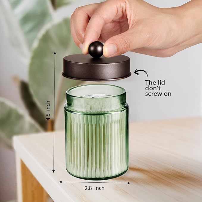 Amolliar Sage Green Apothecary Glass Jar With Metal Lid & Stickers, Bathroom Qtip Holder Storage Canister, Farmhouse Decor for Cotton Balls, Cotton Swabs, Makeup Pads, Bath Salt, Floss, Bronze 4 Pack