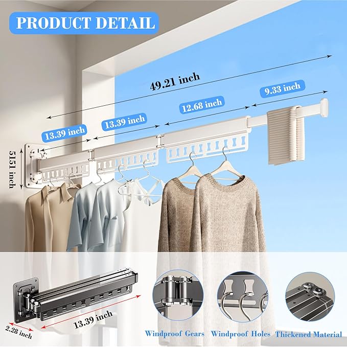 Clothes Drying Rack Wall-Mounted, 3-Fold Retractable Clothes Hanger with Windproof Holes & Detachable Design, Sturdy Foldable Laundry Rack for Balcony, Bathroom Use (Cream White)