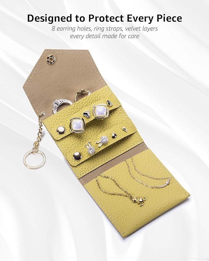 Small Travel Jewelry Organizer Case for Women, Genuine Leather Mini Jewelry Roll with Keychain, Portable Earring Ring Necklace Storage Pouch for Short Trips & Daily Use (Lemon Yellow)