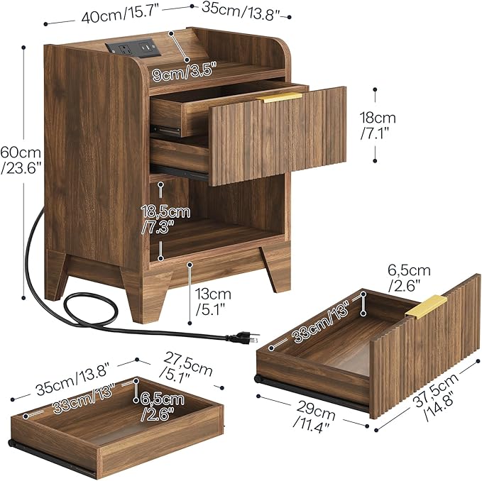 HOOBRO Fluted Nightstand with Charging Station, End Table with Hidden Drawer, Modern Bedside Table, Wooden Night Stand for Bedroom, Study, Dark Walnut WL351UBZ01