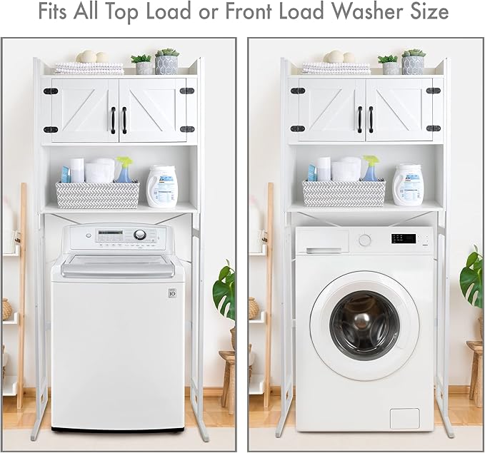 Over The Washer or Over The Toilet Storage Cabinet w/Height Adjustable Shelf Laundry Room/Bathroom Organizer Rack, 2-Door Freestanding Rack Space Saver, White