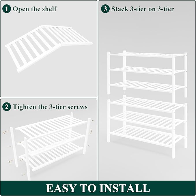 Smiry Bamboo Shoe Rack for Closet, 6 Tier Wooden Stackable Shoe Organizer, Free Standing Shoes Storage Shelf for Entryway, Front Door Entrance, White