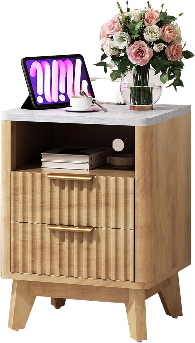 AMERLIFE Fluted Nightstand with Charging Station and Faux Marble Top, 18" Modern Bedside Table with 2 Drawers and Metal Handle, Side Table for Bedroom, Living Room, Natural Oak