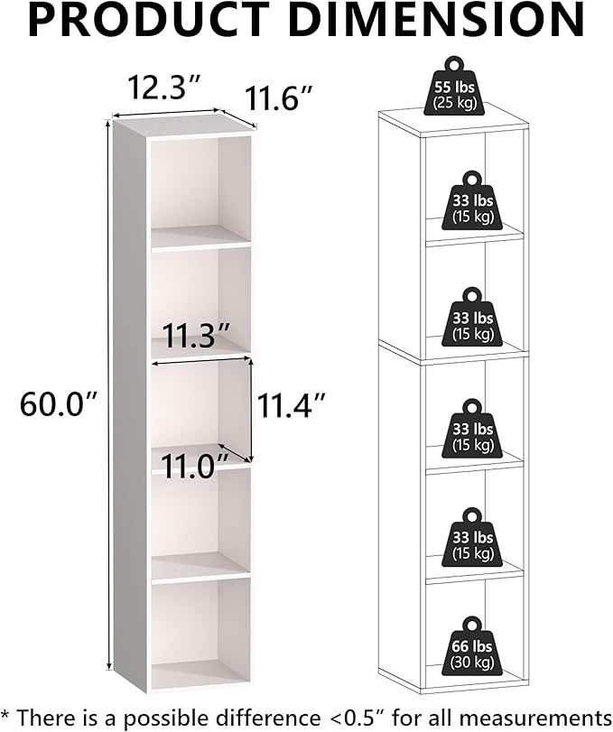5 Cube Storage Organizer, 5 Tier Vertical Cube Bookcase Freestanding Storage Display Organizer for Home Office, Five Cubes Open Shelf Bookshelf (White, 5 Cube)