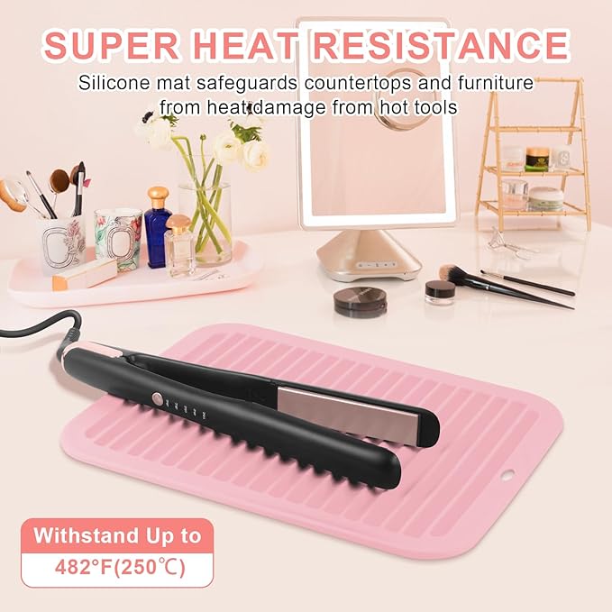 Large Silicone Heat Resistant Mat, Professional Hot Hair Tools Mat for Curling Iron, Flat Iron, Hair Straightener, Portable Hot Pad Cover with Velcro for Travel Home Salon(11.8" x 9.0")