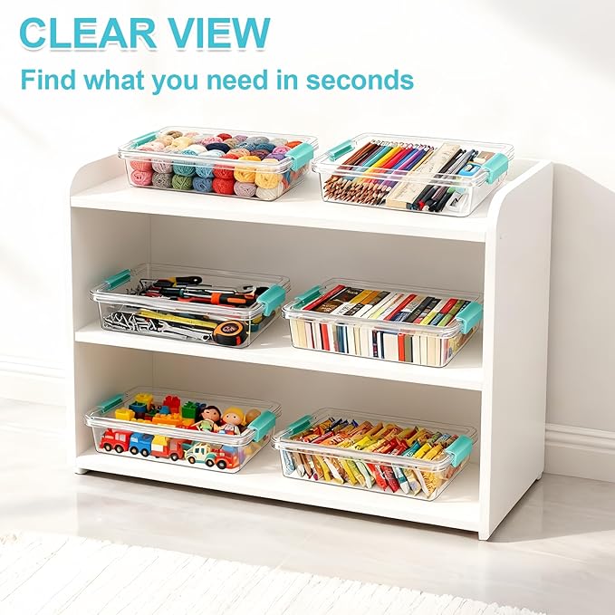 6 Qt Clear Plastic Storage Bins Containers with Lids, Arts Crafts Organizers and Storage, Stackable Containers for A4 Paper File Scrapbook Documents for Home Office and School Supplies 2 Pack