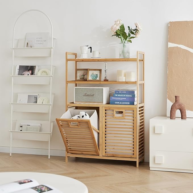Double Tilt Out Laundry Hamper, Bamboo Hamper with 2 Removable Bags, Pull Out Laundry Hamper Cabinet, Bathroom Storage Shelf for Laundry Room, Living Room, Bedroom (3-Tier, Natural)