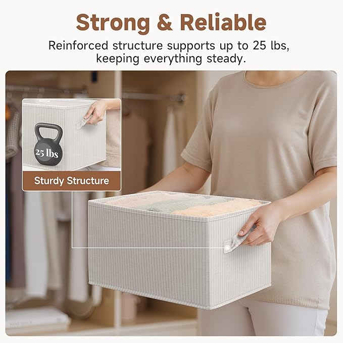 StorageWorks Storage Baskets for Shelves, Foldable Fabric Closet Storage Bins with Handles, Fabric Storage Bins Clothes Organizer, Beige Stripes, 3-Pack, Large