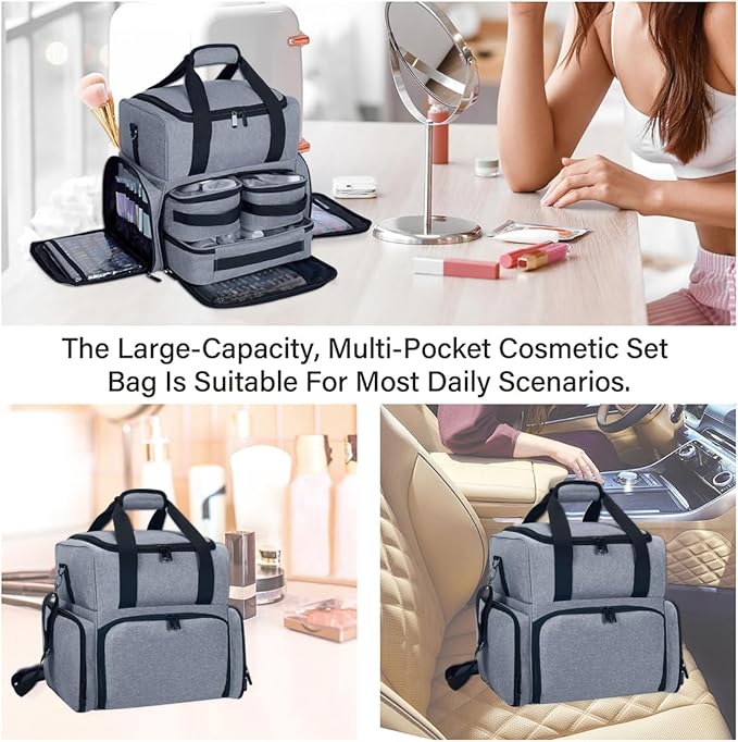 Large Makeup Cosmetic Bag with 3 Removable Case and 2 Removable Dividers Double Layer Travel Storage Organizer, Makeup Brushes Storage Section Grey