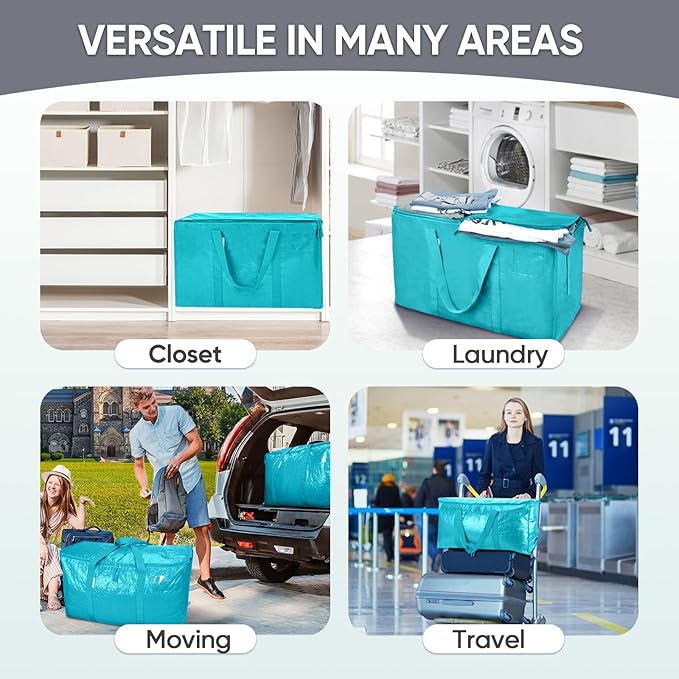 TICONN 4 Pack Extra Large Moving Bags with Zippers & Carrying Handles, Heavy-Duty Storage Tote Moving Boxes for Space Saving (4 Pack, Aqua)