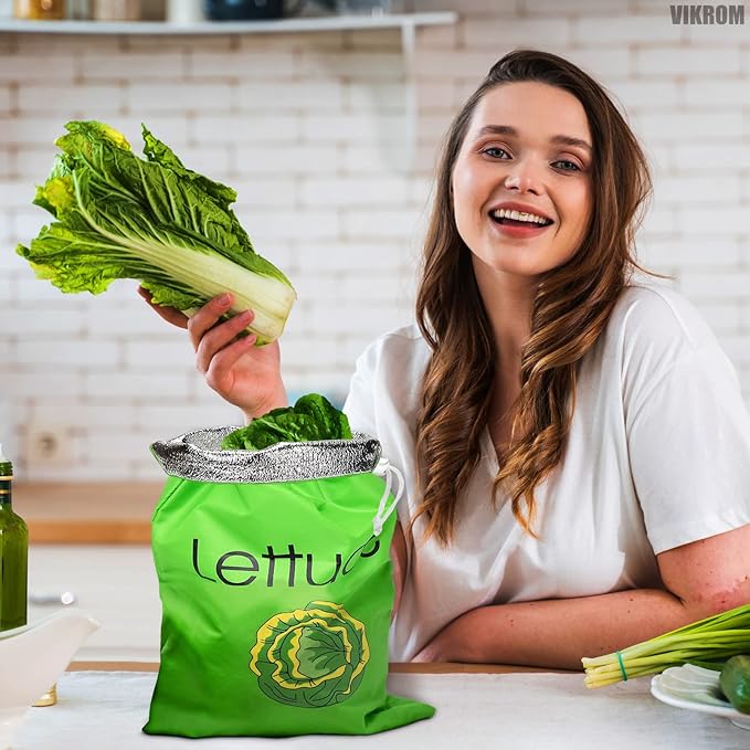 Lettuce Keeper for Refrigerator – 3-Layer Reusable Produce Storage Bags with Foil Lining and Drawstring | Breathable, Washable, Sturdy & Easy to Use | Great for Lettuce, Leafy Greens, Fruits & Veggies