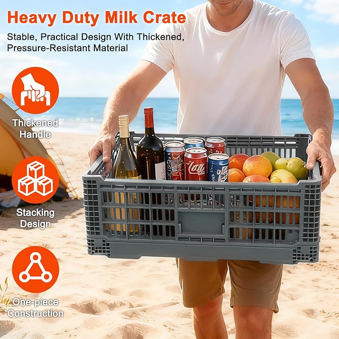 Collapsible Milk Crates for Storage, 52L Storage Crates, Heavy Duty Milk Crate, Plastic Storage Bins Containers for Organizing, Grocery & Camping (1 pack)(23.64" W x 15.76" L x 8.67" H)