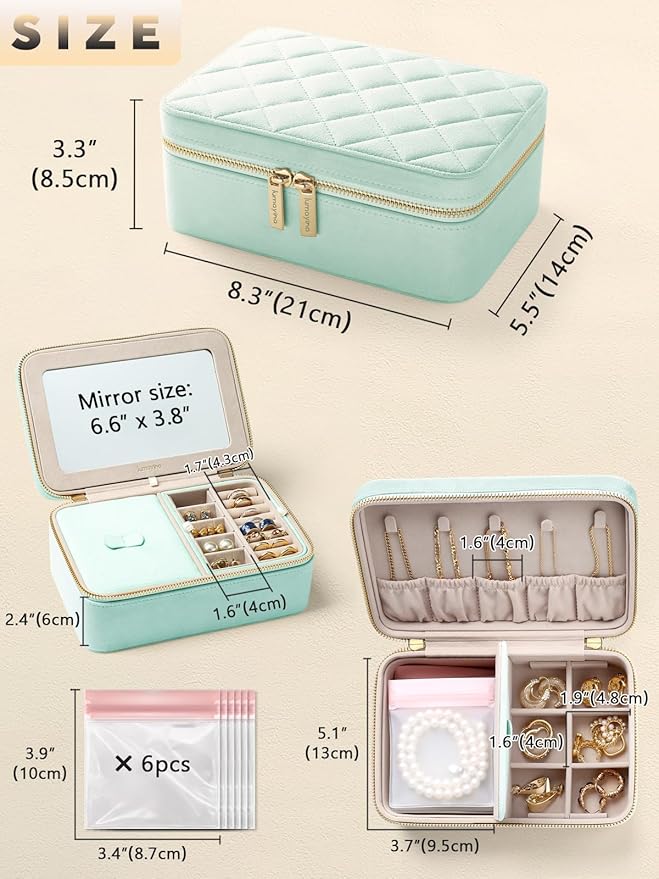Velvet Travel Jewelry Box with Large Mirror, Double-Layer Jewelry Organizer Case for Women and Girls, Portable Storage Case with 6 Anti-Tarnish Bags Gift Ready for Her (Mint Green)
