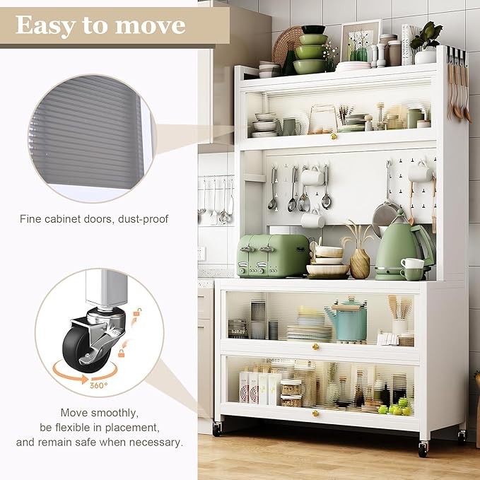 Mobile Kitchen Storage Cart with Wheels,Wheeled Multi-Layer Floor Storage Cabinet with Locker Hole Board Freestanding Storage Cabinet Rust Proof Microwave Oven Pot Oven Rack