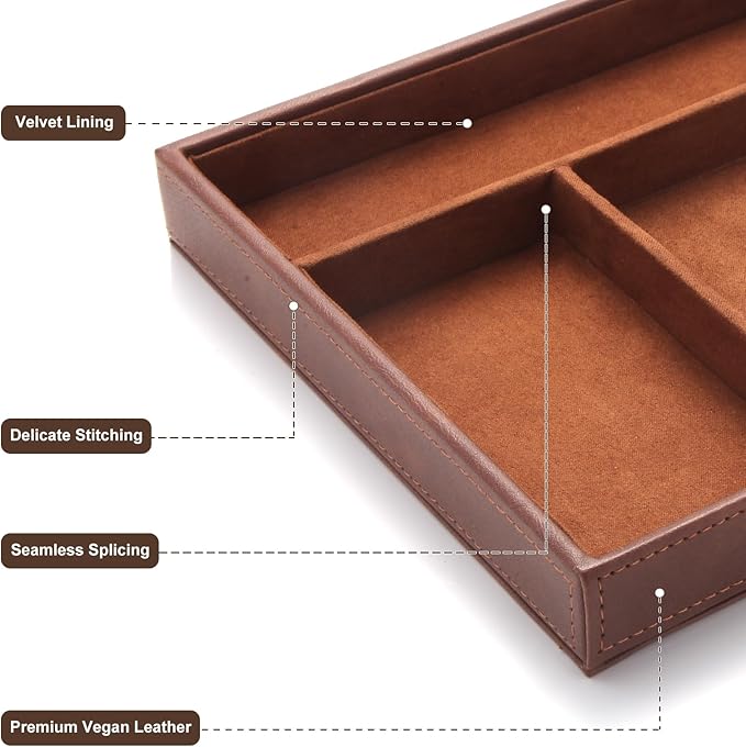 TopMade Valet Tray with Wireless Charging Pad Nightstand Organizer, Leather Desktop Storage Dresser Organizer Charging Station, Jewelry Box Catchall Bedside Vanity Tray for Men Women(Brown)