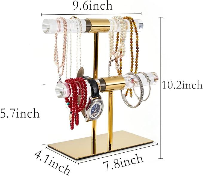 Display Stand Acrylic Jewelry Towers - Stainless Steel Long Necklaces Stand 2-Tier Crystal Tabletop Jewelry Organizer Home Decor for Store Boutique Vendors