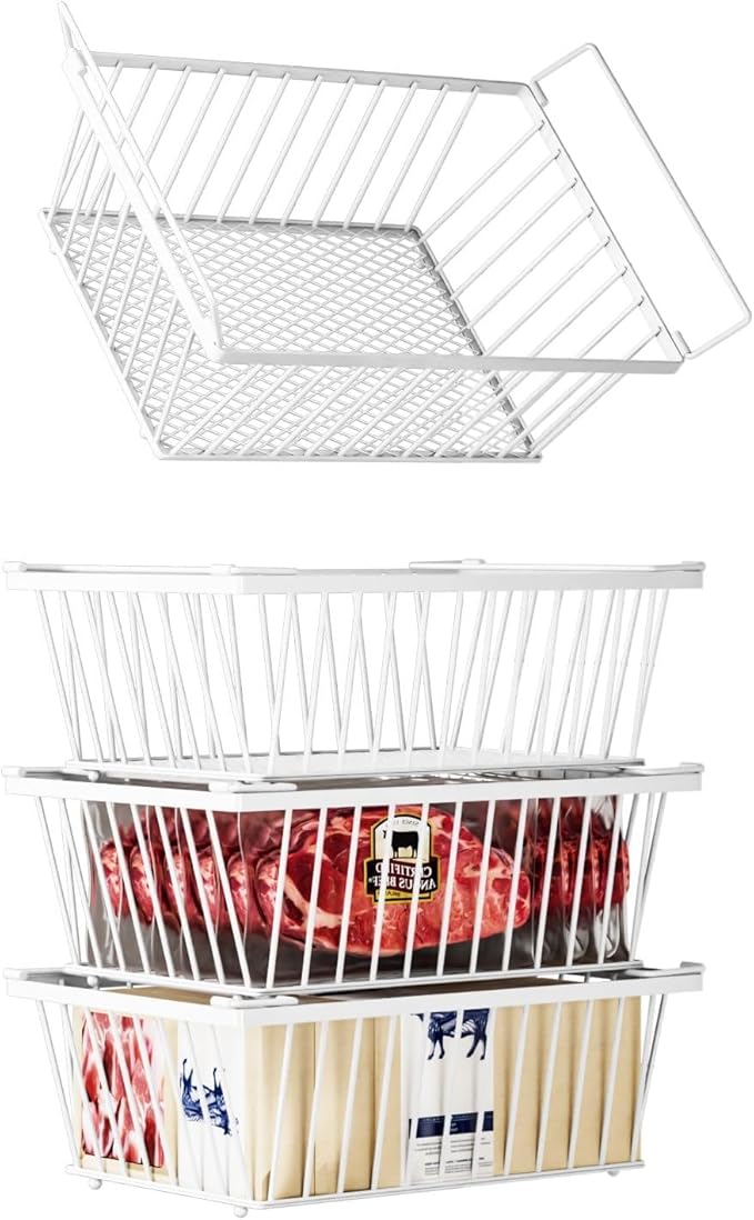 Freezer Organizer Bins ，Enhanced Leak-Proof Bottom，4 Pack Stackable Deep Freezer Organizer Bins for 5 Cu.FT Small Chest Freezer，Easy Get Bottom Foods without Digging （for 5 Cu.Ft