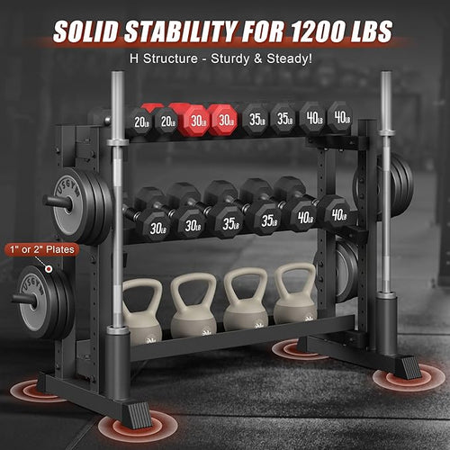 3-Tier Dumbbell Rack, 1200LB Capacity Adjustable Weight Rack for Home Gym, Heavy-Duty Weight Stand for Dumbbells Kettlebells & Weight Plates(Rack Only)