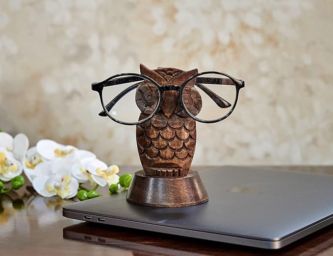 Stocking Stuffers Wooden Owl Glasses Holder Night Stand Reading Eyeglass Retainer White Elephant Gifts for Adults Women Men Him Her Mom Dad Car Christmas Gifts
