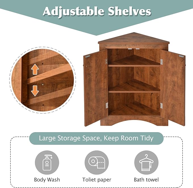 GDFStudio 31.5" H Triangle Corner Bathroom Storage Cabinet with Adjustable Shelves,Freestanding Floor Cabinet for Small Spaces,Water-Resistant Cabinet Modern Organizer for Home,Kitchen,Hallway, Brown