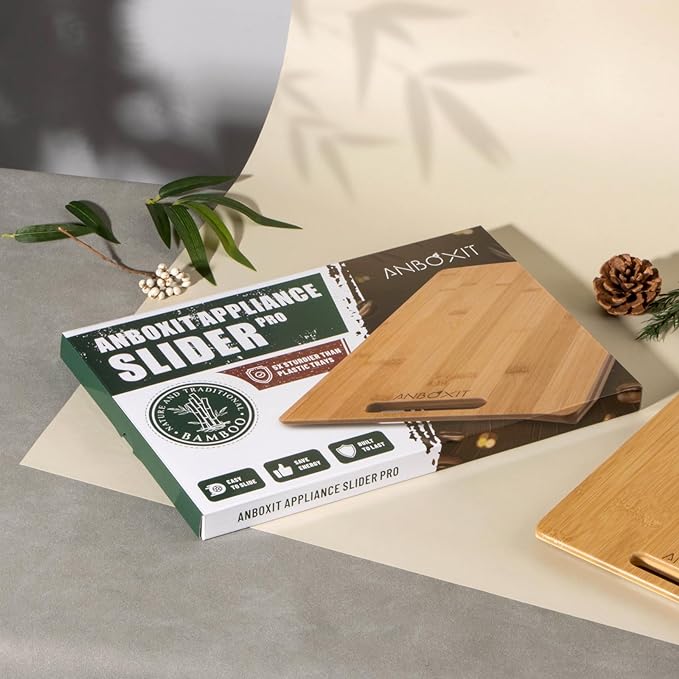 Bamboo Appliance Slider, Sliding Tray for Coffee Maker, Kitchen Countertop Appliance Rolling Tray, Coffee Pot Slider Tray with Rubber Wheels, Deep - Medium (14.5"D x 9.5"W)