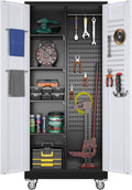 SUXXAN Broom Closet Storage Cabinet with Wheels 71.4"x 31.5"x15.7", Metal Cleaning Cabinets with Hooks and Hanging Rods, Lockable Cabinet with Pegboard, Adjustable Shelf(Black/White)