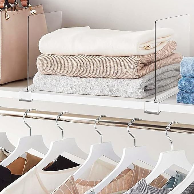 24 Pack Clear Acrylic Shelf Dividers for Closet Shelf Organizer of Bedroom Kitchen Office Bathroom Organizer for Clothes Books Hats and Handbags
