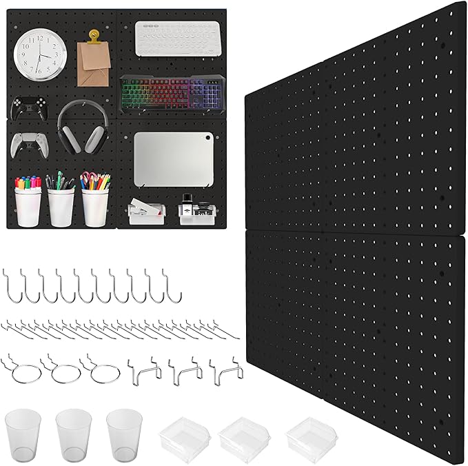FZK 36pcs Pegboard Kit, Peg Board,Peg Board Hooks,Includes 4 Black Pegboard and Pegboard Accessories,Pegboard with Hooks,Plastic Pegboard,Pegboard Wall Organizer, Garage Storage