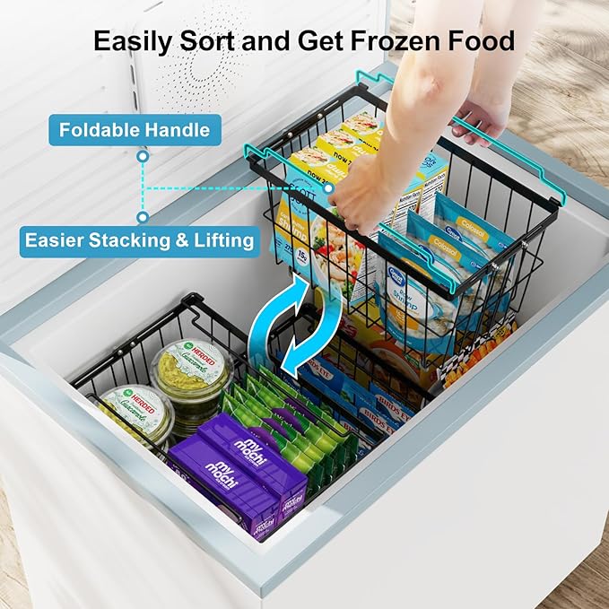 iSPECLE Freezer Organizer Bins - 5 Pack Adjustable & Extra Large Deep Freezer Organizer Bins for 5 to 9 Cu.Ft Chest Freezer, Easy Organize Basket Store More, Stackable No Wasted Space, Black