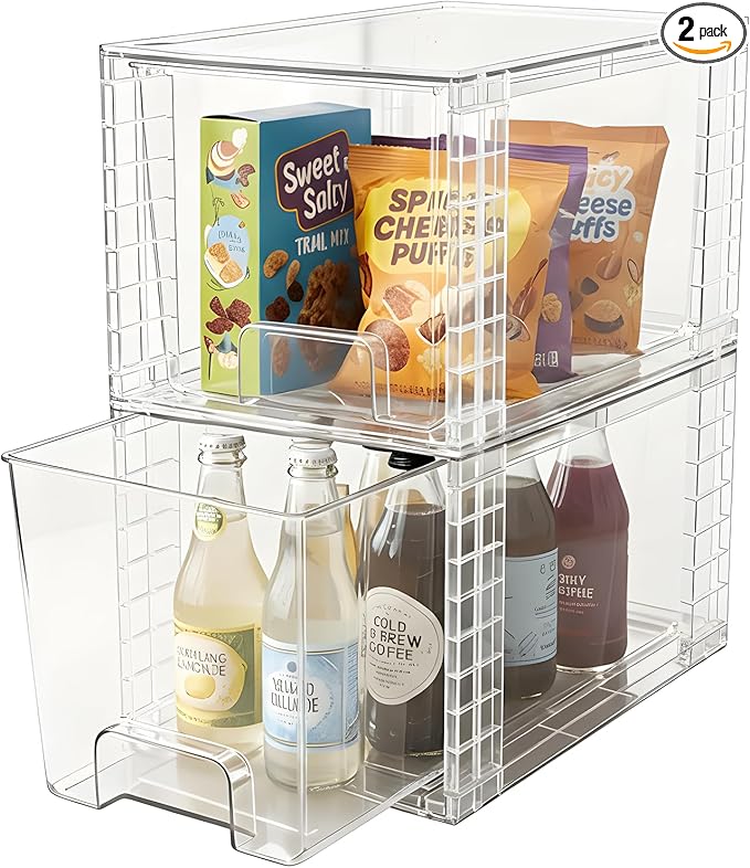 2 Pack Large Stackable Storage Drawers, Acrylic Bathroom Undersink Closet organizers and storage, Clear Plastic Bins for Pantry, Kitchen Cabinets, Makeup, Perfume, Baby Bottles, Medicine Organization