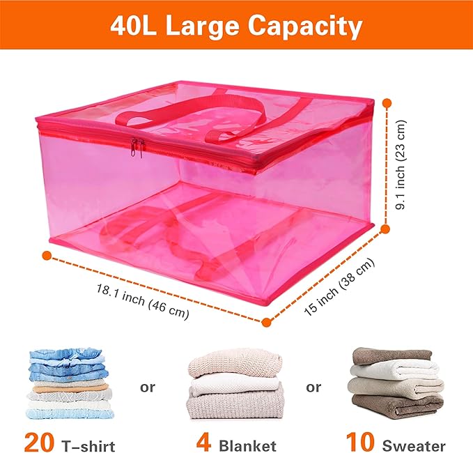 Vieshful Pink 40L Clear Clothes Storage Bag with Zipper 5 Pack Colorful Clothes Organizer Vinyl Storage Bag for Comforter, Blanket, Bedding, Duvet, Transparent Moving Totes
