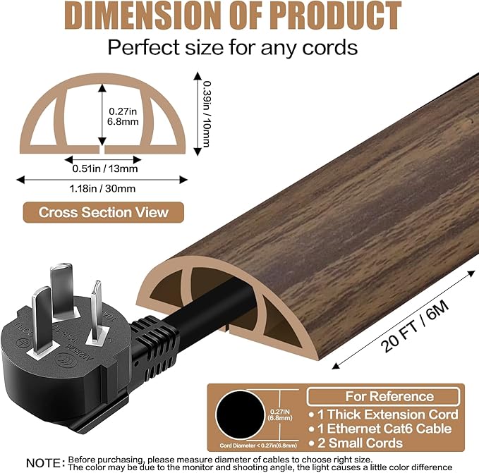 Floor Cord Cover Self Adhesive Cord Hider,20FT Cable Management, Extension Strip Protector for Wires, Prevent Cable Trips for Offices, Gyms, Exhibitions Cavity:0.39"(W) x 0.27"(H) Wood Walnut