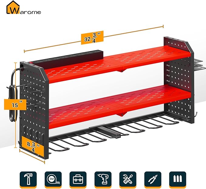 Warome Garage Tool Organizer Wall Mount with Charging Station, Power Tool Organizer with Large 8-Outlet Power Strip, Tool Storage Rack with 8 Cordless Drill Holders, Battery Utility Rack in Red