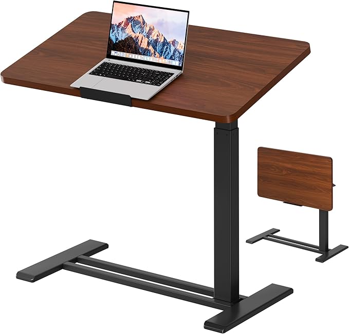 SANODESK Medical Adjustable Overbed Bedside Table with Casters 90° Tilt Top Pneumatic Mobile Rolling Laptop Computer Standing Desk Cart with Tray, Hospital and Home Use(31.5" W x 17.7" D, Walnut)