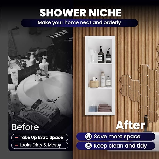 12" x 36" Stainless Steel Shower Niche, 3-Tier Waterproof Shelves, No-Tile Needed Bathroom Organizer, Rustproof Wall Shelf for Shampoo, Soap & Toiletries, White